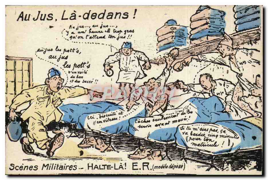 FAntaisie CPA Scenes militaires Halte la ! Au jus la dedans Militaria Illustrateur Humour