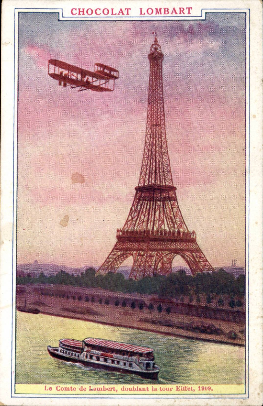 CPA Chocolat Lombart Le comte de Lambert doublant la Tour Eiffel 1909 (AvION plane)