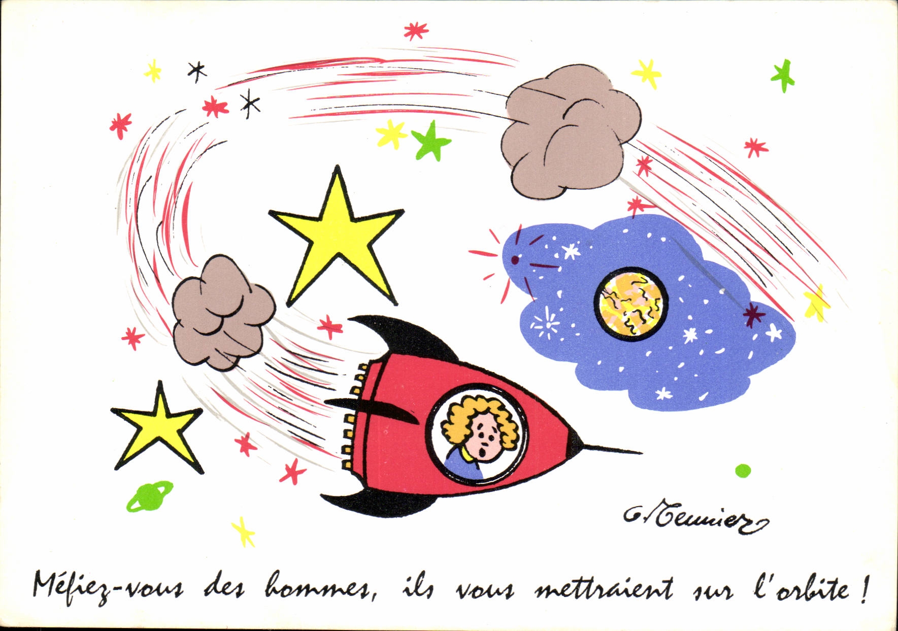Sujet spatial humoristique — illustration de Marcel Vaysse — éditeur : Groupement des Humoristes de Presse
