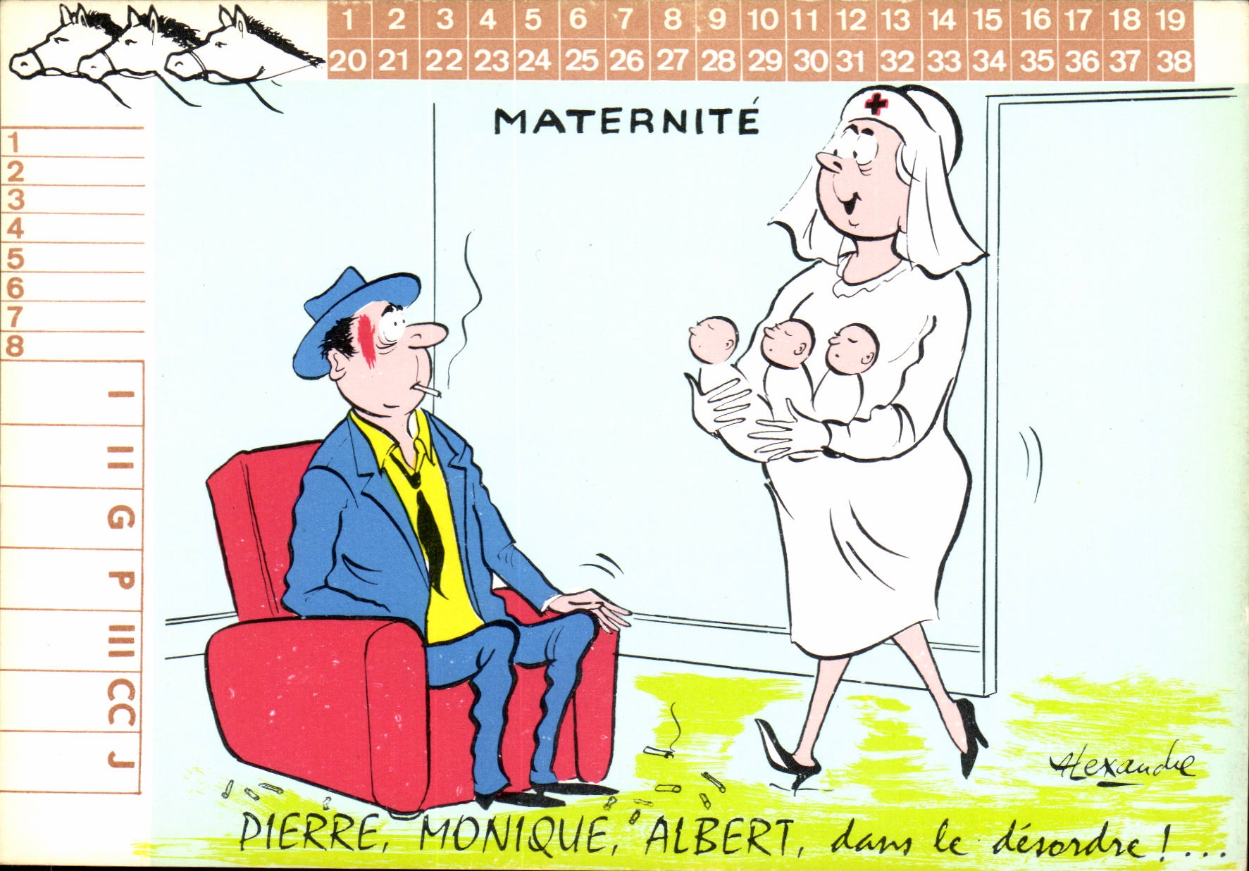 CPA Humour Maternite Pierre Monique Albert dans le desordre Infirmiere Hopital illustrateur Alexandre