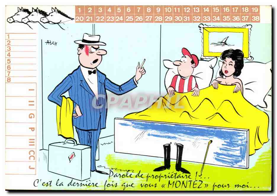 Carte humoristique — scène de chambre avec un locataire et un propriétaire — éditée par Marcel Vaysse, n° 020