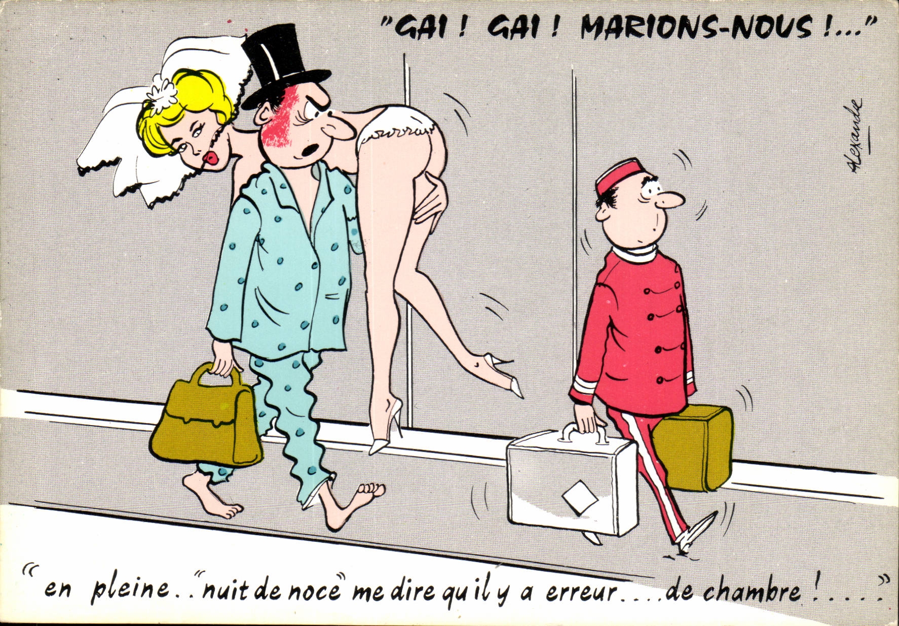 CPA Humour Gai gai ! marions nous en pleine nuit de noce me dire qu'il ya erreur de chambre illustrateur Alexandre 