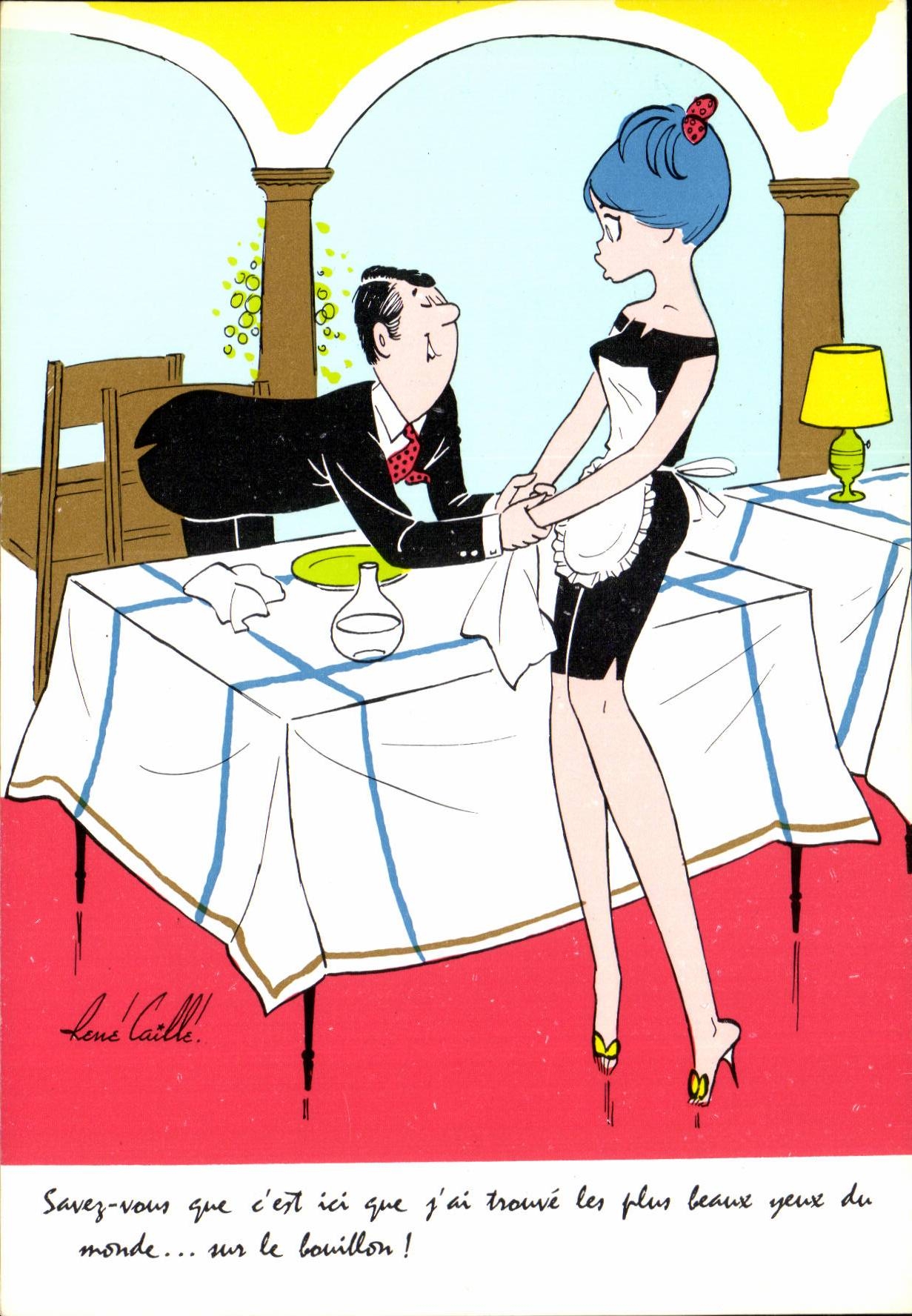 Sujet humoristique — couple au restaurant — dessin de René Caille