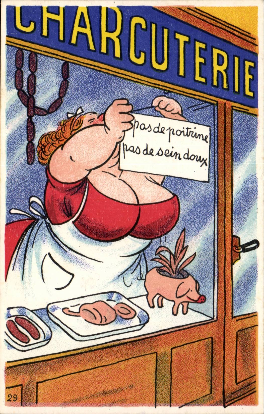 CPA Charcuterie Pas de poitrine pas de sein doux Cochon Humour