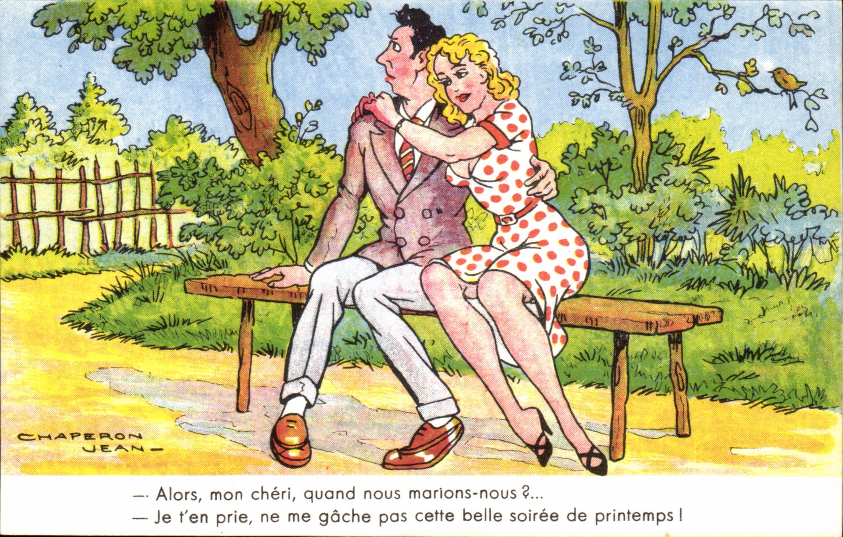 Liebendes Paar im Park — humorvoller Moment — Chaperon Jean, Humoristique-Serie 558