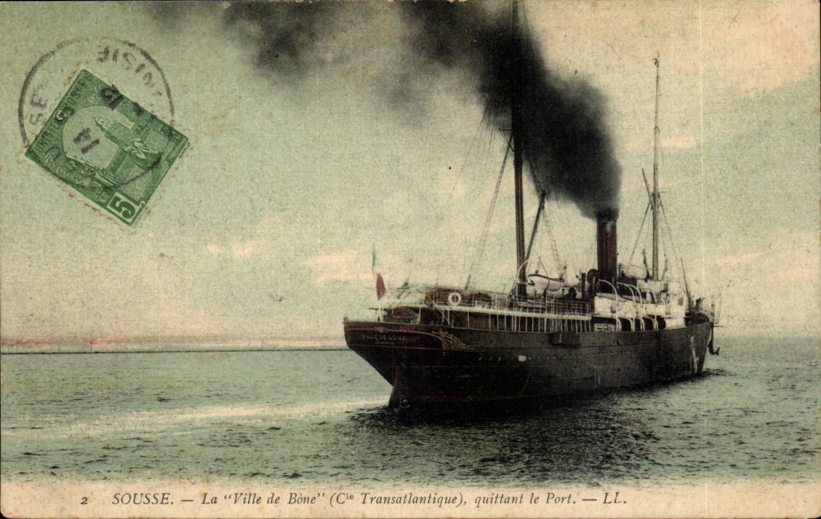 Sousse CPA la ville de Bone (Cie Transatlantique) quittant le port