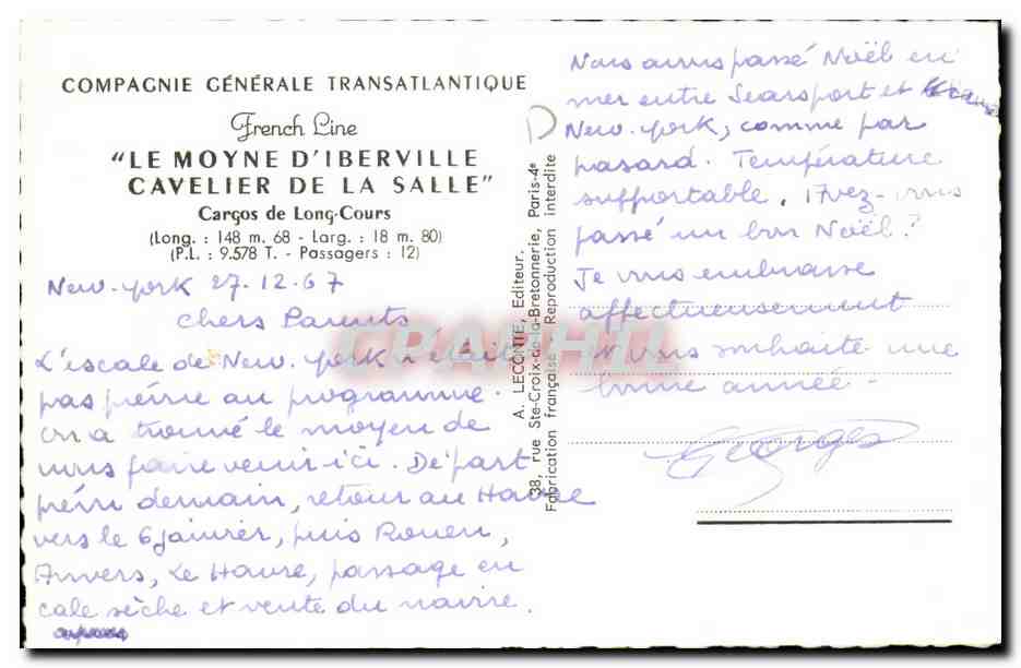 CPA Compagnie Generale Transatlantique Le Moyne D'Iberville Cavelier de la SAlle Cargos de long cours — Back