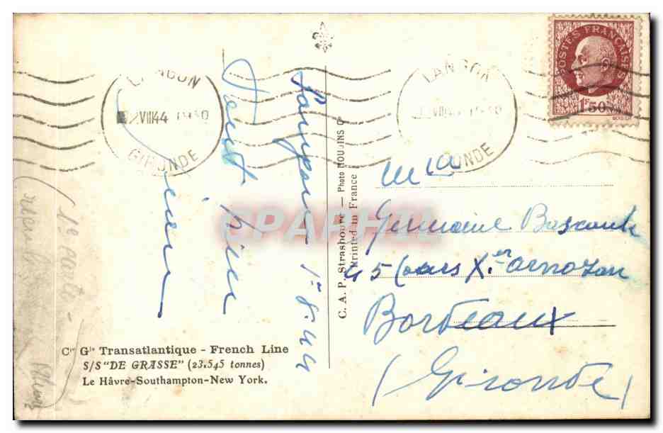 S/S "DE GRASSE" — French Line — Le Havre-Southampton-New York — Reverso