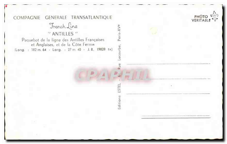 CPA Bateau Paquebot de la Compagnie Generale Transatlantique Antilles French Line Antilla — Verso