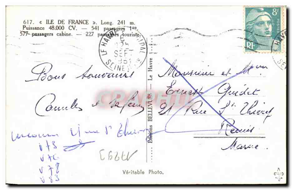 Le Havre — Le paquebot "Ile de France" — I.L. Le Comte — Verso