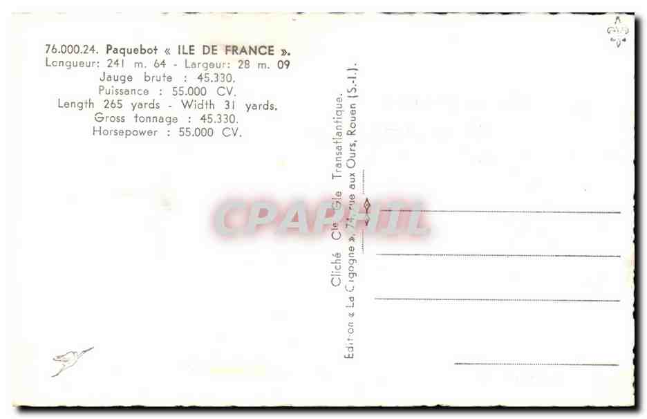 CPA Paquebot Le Havre Paquebot Ile de France — Verso
