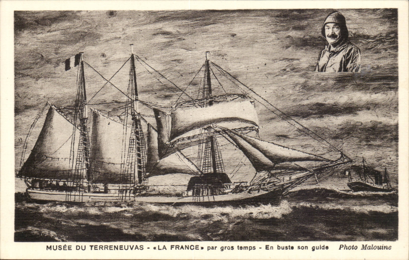 CPA Bateau Musee de Terreneuvas La France par gros temps En buste son guide Photo Malouine