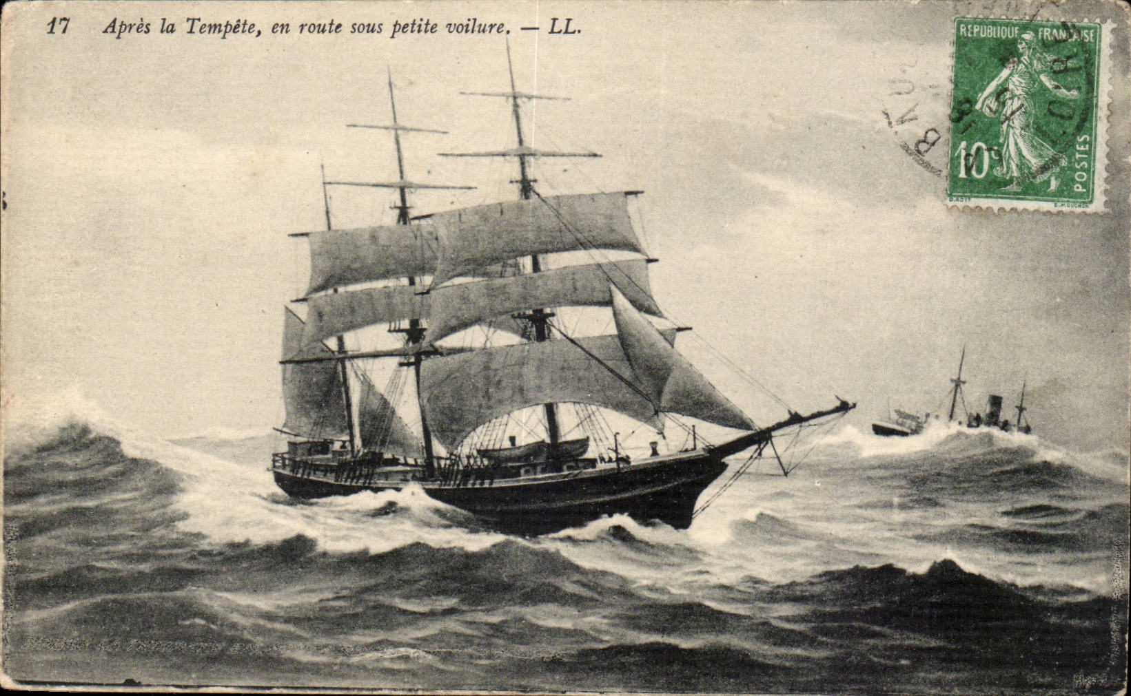 Navire en route sous petite voile après tempête — LL. — LL.