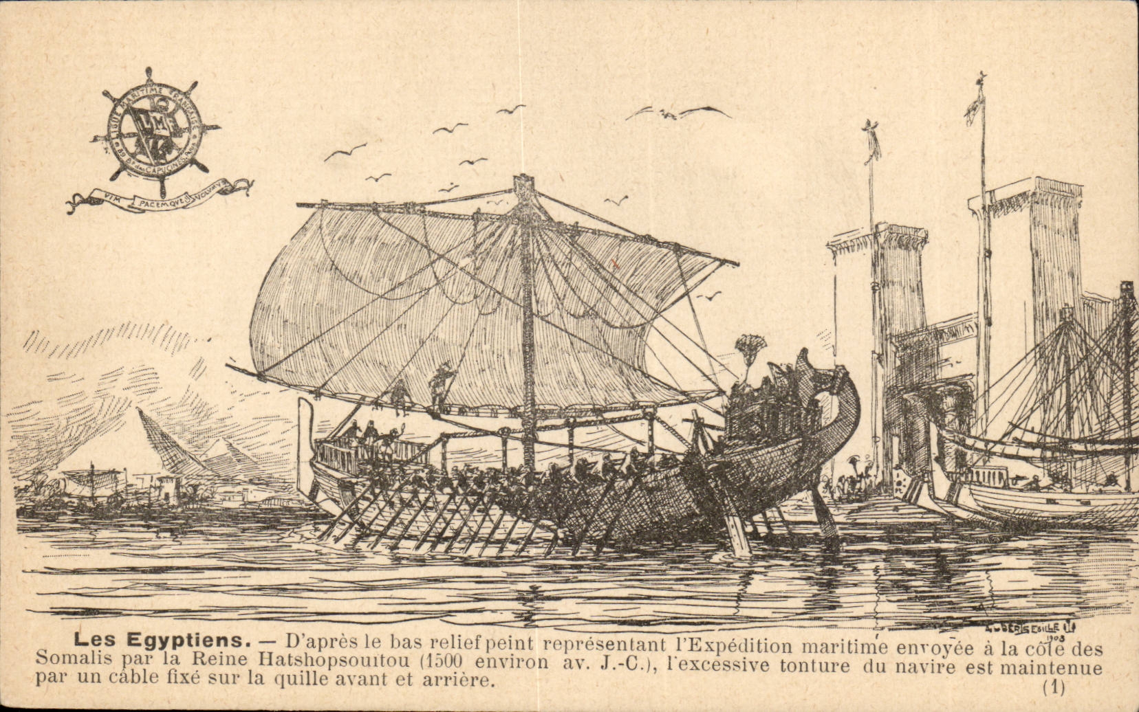 CPA Bateau Les egyptiens D'apres bas relief peint Expedition maritime Somalis reine Hatshopsouitou Egypt