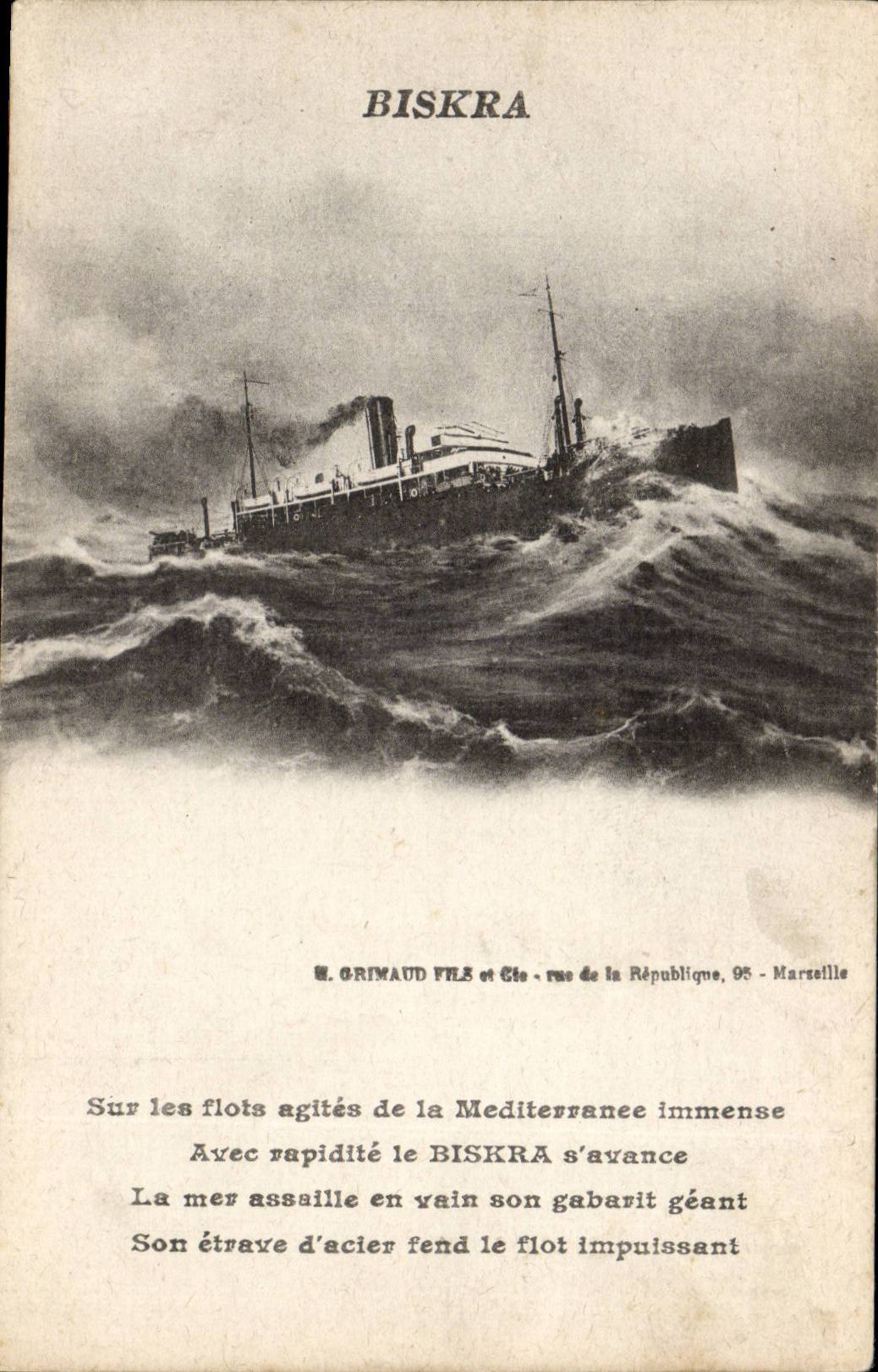 Biskra — Navire en mer agitée — W. Grimaud Fils et Cie, rue de la République, 95 - Marseille