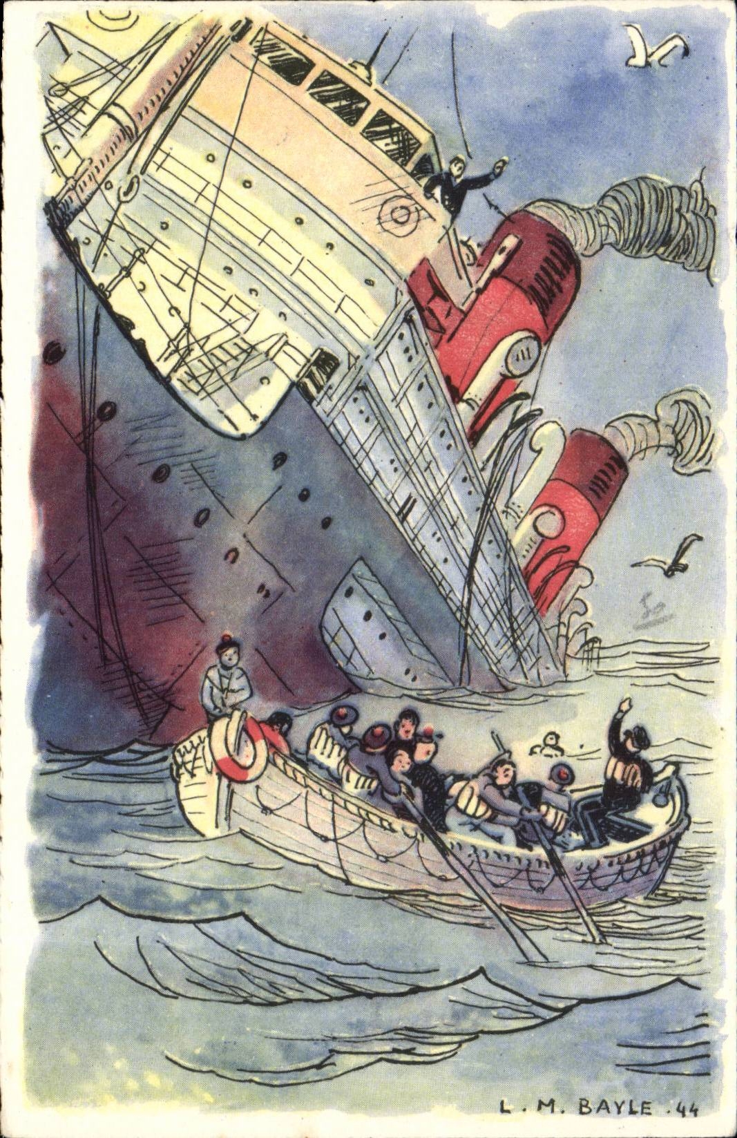 CPA Bateau Illustrateur Bayle lors du torpillage du paquebot Brazza commandant rebillard 28 mai 1940