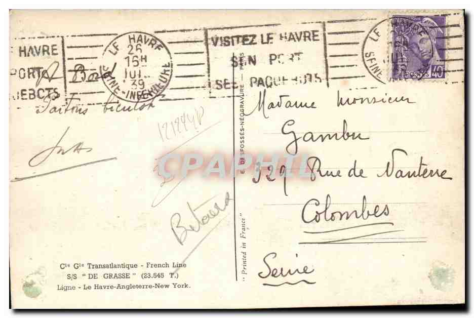 CPM Bateau Cie Generale Transatlantique PAquebot De Grasse French line — Verso