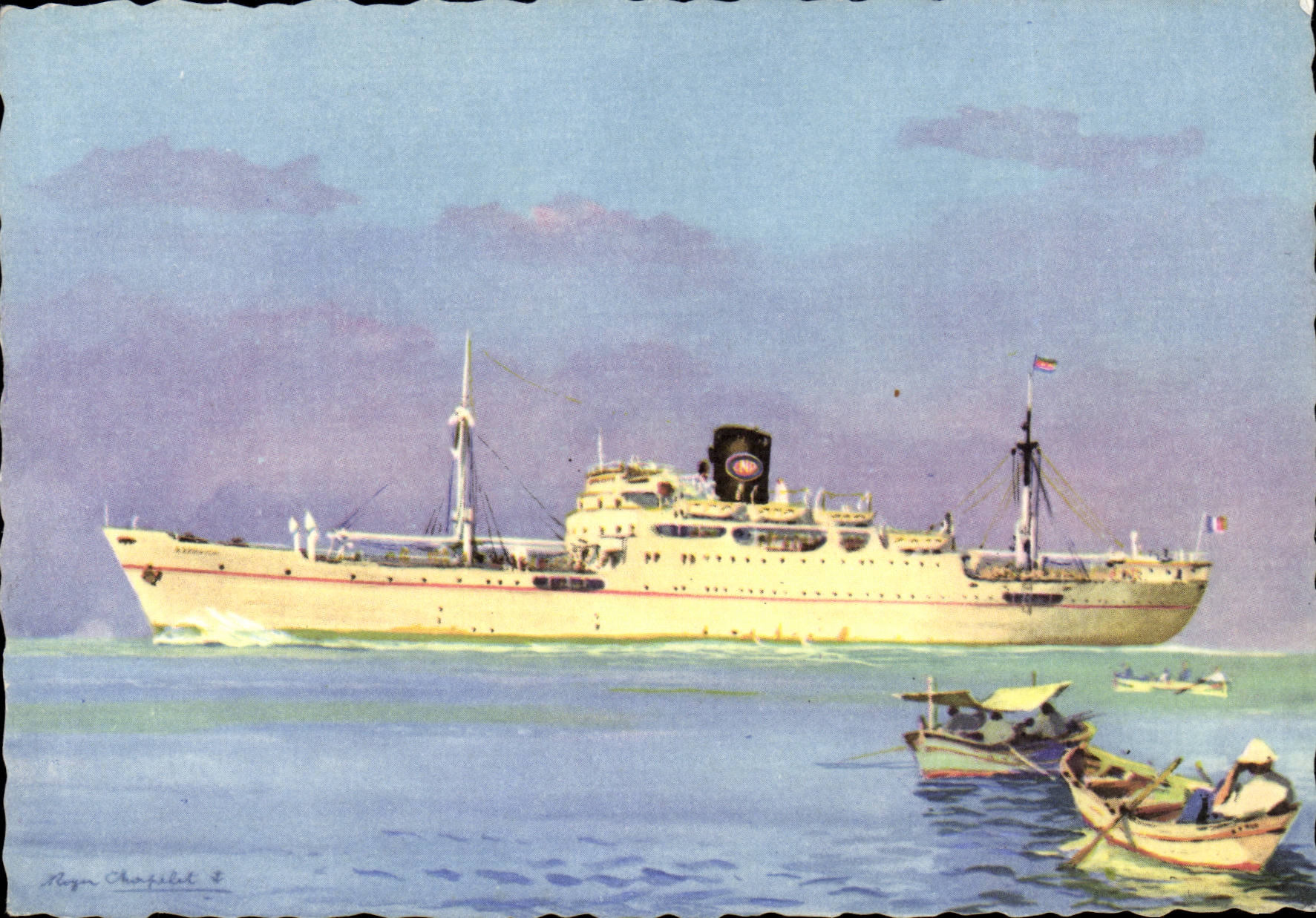 CPA Paquebot Azemmour Compagnie navigation Paquet Dessin de Roger chapelet Marseille Port Vendres Canaries Senegal