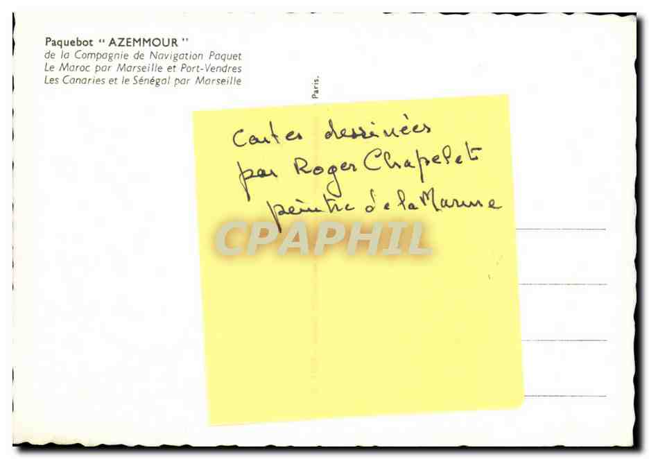CPA Paquebot Azemmour Compagnie navigation Paquet Dessin de Roger chapelet Marseille Port Vendres Canaries Senegal — Verso