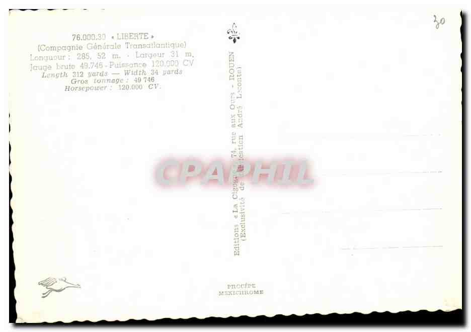 CPM Liberte Paquebot Cie Generale Transatlantique — Verso