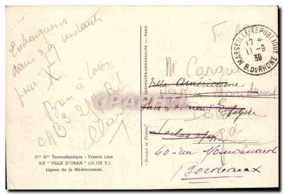 CPA Cie Generale Transatlantique French line Ville d'Oran — Verso