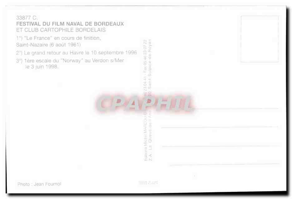 Le France — en cours de finition — Festival du Film Naval de Bordeaux et Club Cartophile Bordelais — Verso