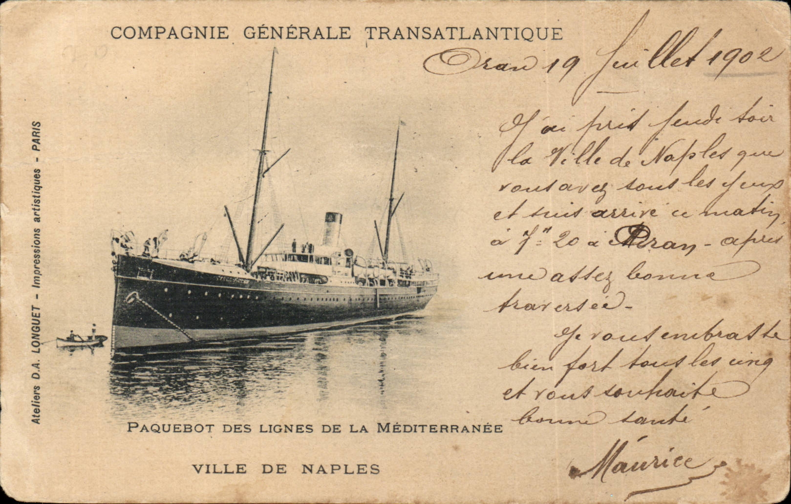 CPA Bateau Compagnie Generale Transatlantique Paquebot des lignes de la Mediterranee Ville de Naples Napoli