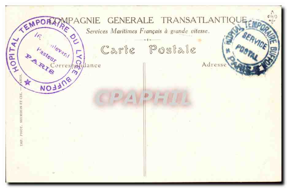 CPA Bateau Paquebot a 4 helices Lafayette Madagascar Jardin d'hiver (Malagasy) Hopital temporaire lycee Buddon Pasteur — Verso