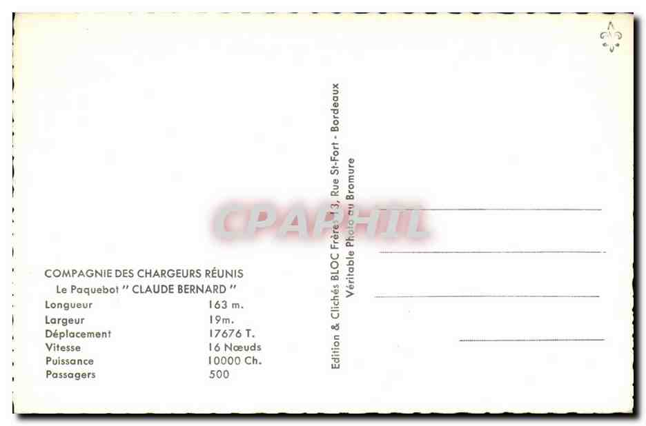 CPA Compagnie des chargeurs Reunis Paquebot Claude Bernard — Verso