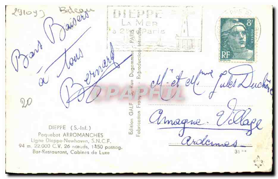 CPA Bateau Dieppe Paquebot Arromanches ligne Dieppe Newhaven SNCF — Back