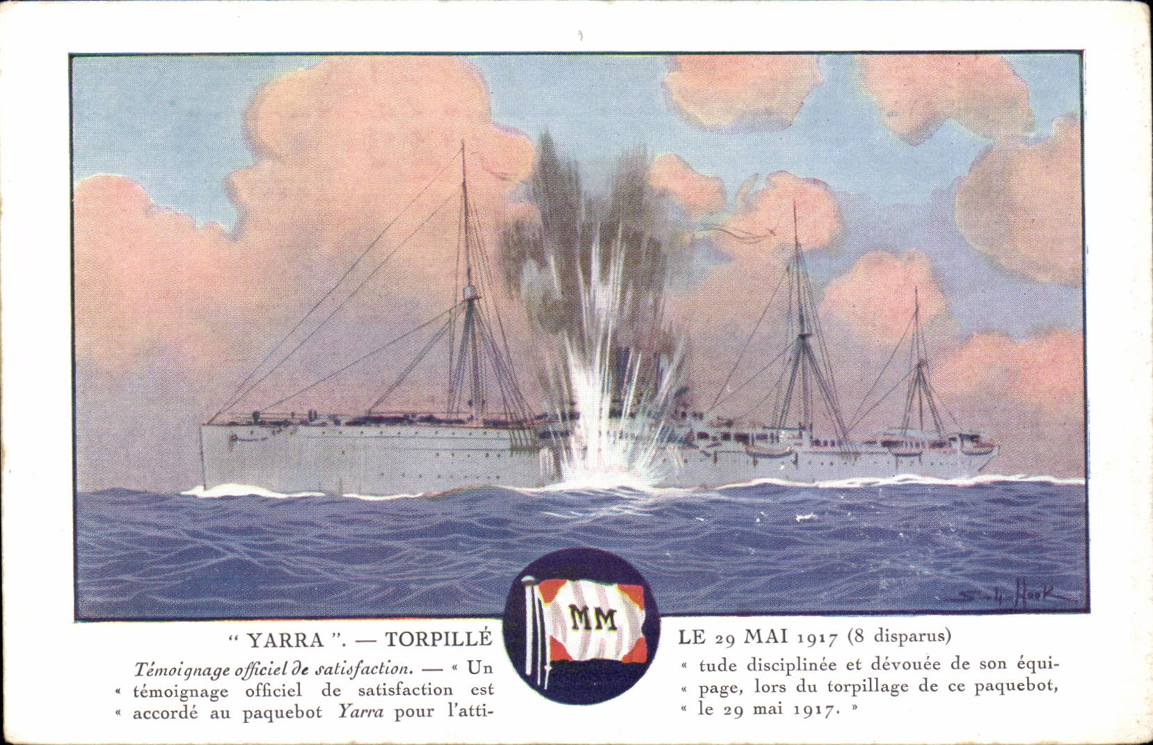 CPA Bateau Guerre Yarra torpille le 29 mai 1917 (8 disparus)