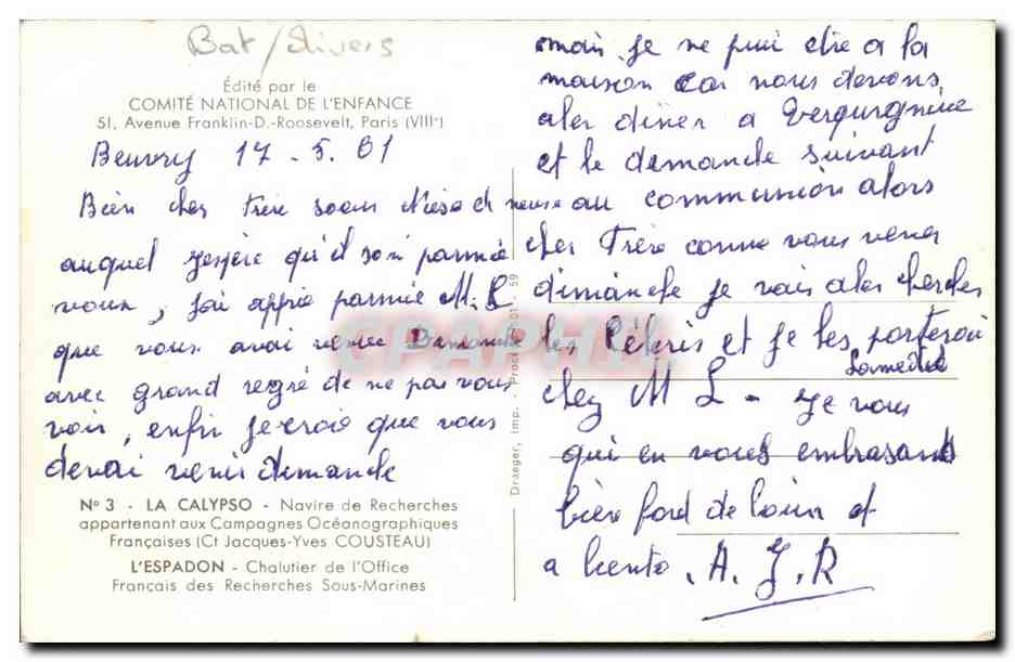 Le navire de recherche LA CALYPSO — Édité par le COMITÉ NATIONAL DE L'ENFANCE — Verso