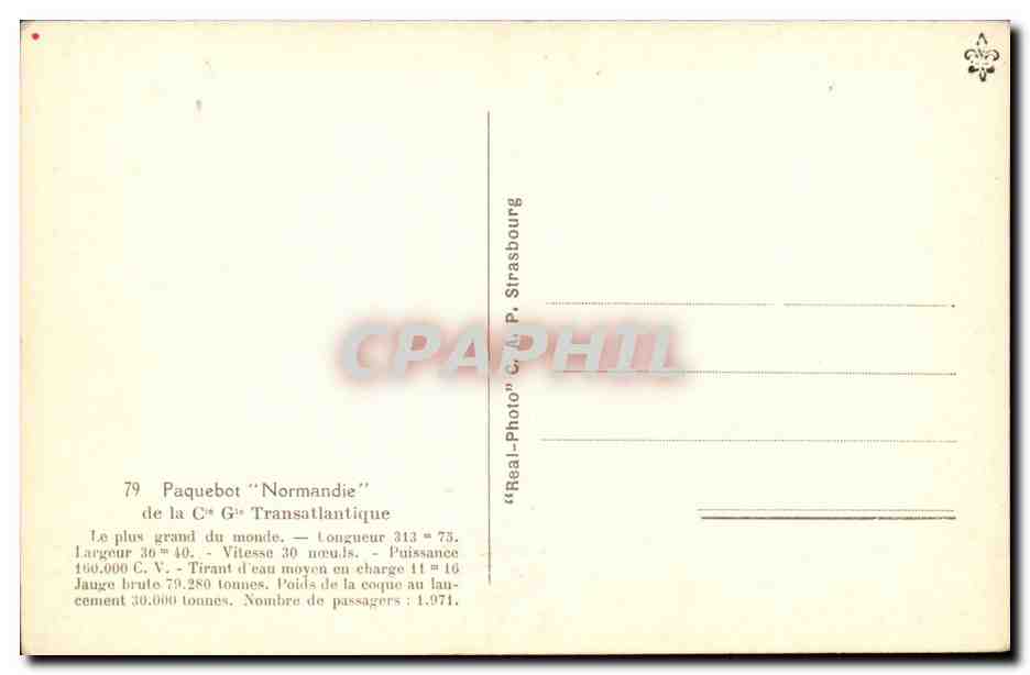 Paquebot "Normandie" — le plus grand du monde — C.A.P. Strasbourg — Achterkant