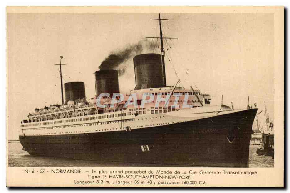CPA Bateau Cie Gla Transatlantique Paquebot Normandie Ruban Bleu Southampton New York 