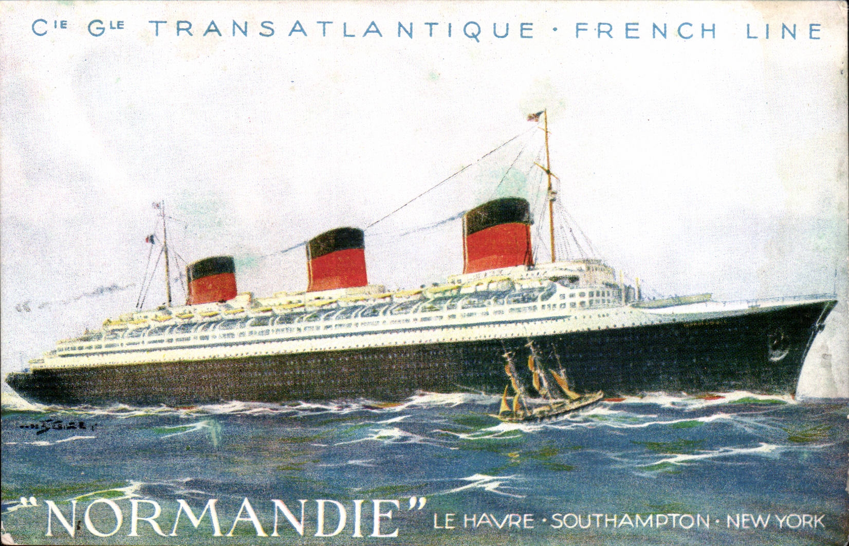CPA Bateau Cie Gla Transatlantique Paquebot Normandie Ruban Bleu Southampton New York 