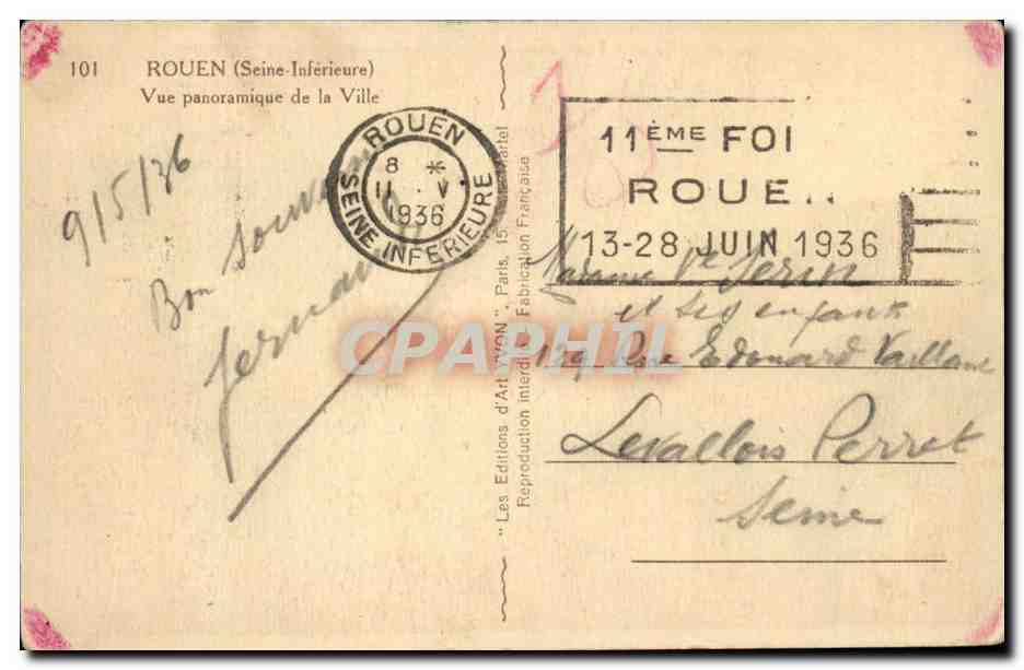 Rouen - Vue Panaramique de la Vile - CPA  — Verso