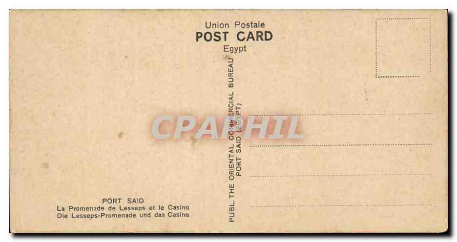 Port Said — The Lesseps Promenade and the Casino — Union Postale Egypt — Verso