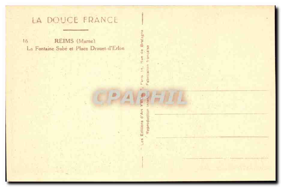 Reims CPA La fontaine Sube et Place Drouet d'Erlon — Verso
