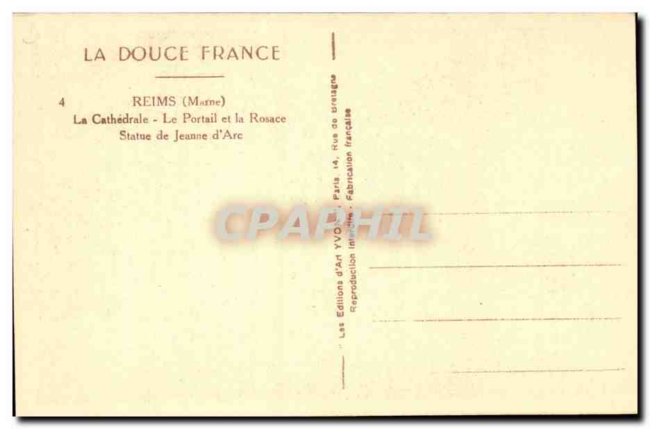 Reims CPA La cathedrale Le portail et la rosace Statue de Jeanne d'arc — Verso