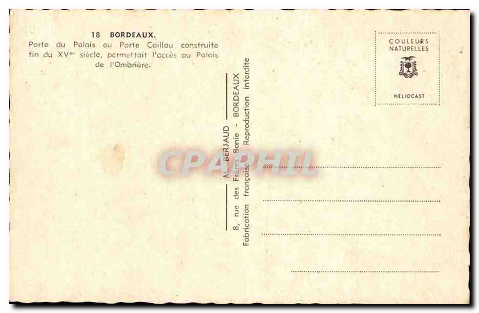 Bordeaux CPA Porte du palais ou porte Caillau Palais de l'ombriere — Verso