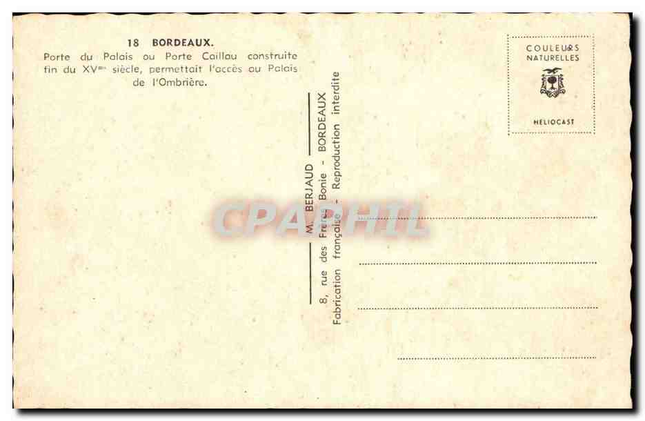 Bordeaux CPA Porte du palais ou porte Caillau Palais de l'ombriere — Verso
