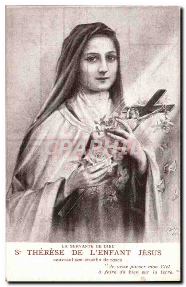 Sainte Thérèse de l'Enfant Jésus — couvrant son crucifix de roses — Reproduction intitulée — Carmel de Lisieux