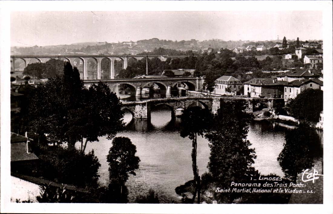 Limoges CPA panorama des trois ponts Saint Amrtial National et le viaduc