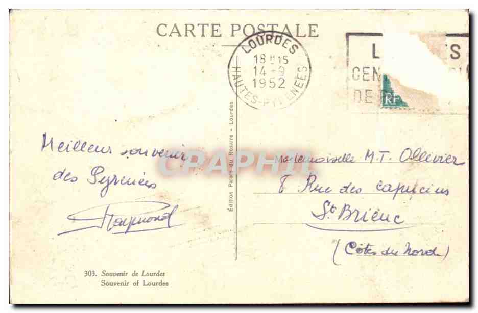 Grotte Sainte de Lourdes — Souvenir de la Grotte Bénite de Lourdes — Édition Palais du Rosaire — Verso