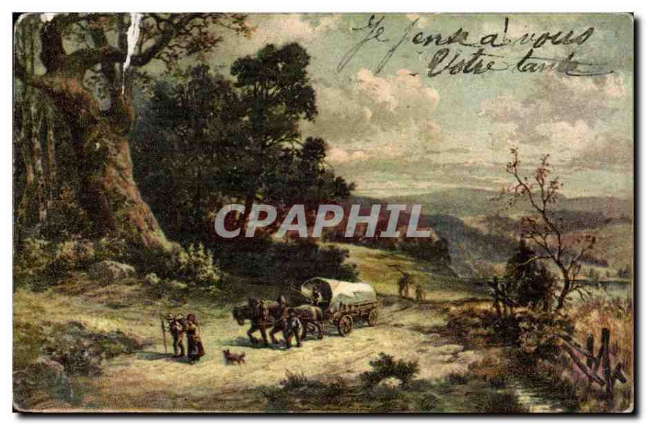 CPA Peinture chariot tire par des chevaux