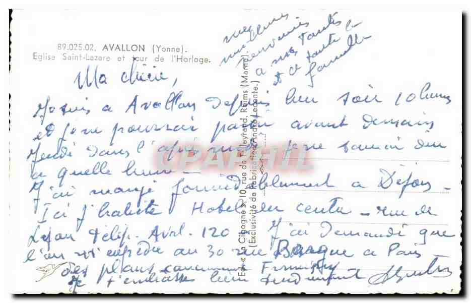 Avallon (Yonne) — Église Saint-Lazare et Tour de l'Horloge — La Cigogne — Verso