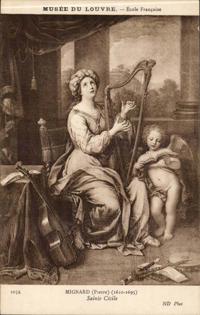 Musee du Louvre - Ecole Francaise - Mignard Pierre Saint Cecile - Ange -Angel - cherub - Harp - musique - CPA 