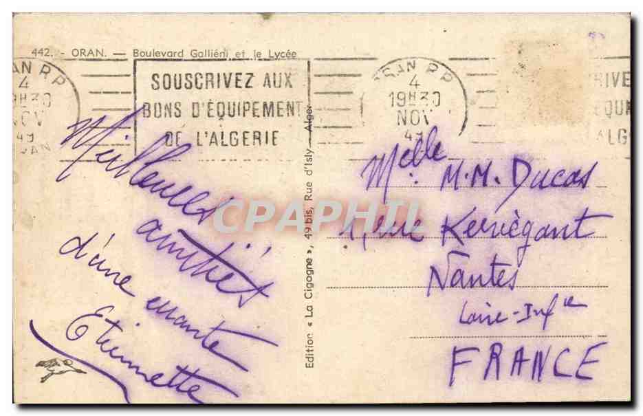 Algerie - Ageria - Afrique - Africa - Oran - Boulevard Gallieni et le lycee -CPA  — Rückseite