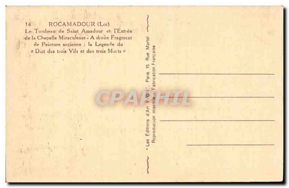 Rocamadour (Lot) — Tombeau de Saint Amadour et entrée de la chapelle miraculeuse — Éditions d'Art Y. V. O. I. Paris — Verso