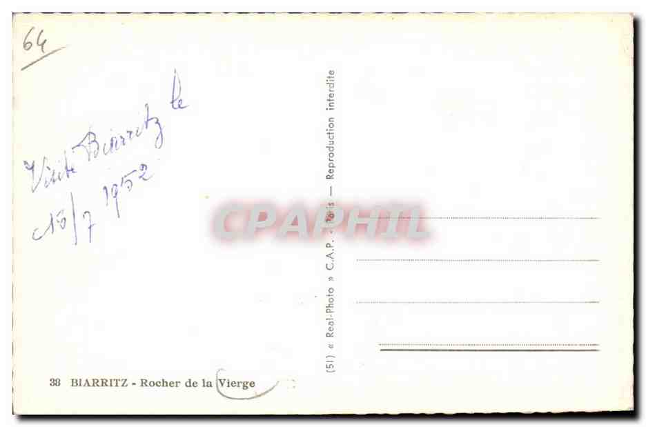Biarritz CPA Rocher de la vierge — Verso